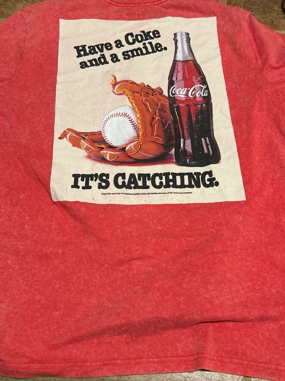 Coca Cola Red Short Sleeve Tee with Baseball Glove & Bottle Graphic